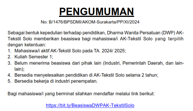 Beasiswa DWP AK-Tekstil Solo