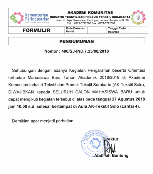 Pemanggilan Mahasiswa Baru Tahun Akademik 2018/2019