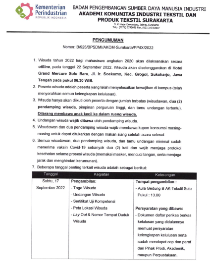 Pengumuman Wisuda AK-Tekstil Solo Angkatan 2020