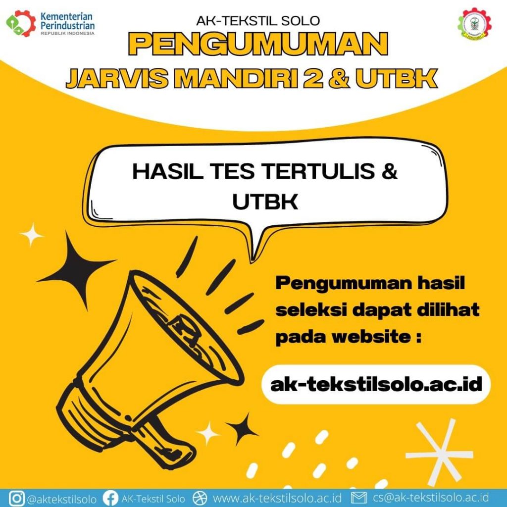 Hasil Seleksi PMB Jalur Jarvis Mandiri II dan Jalur Jarvis UTBK AK-Tekstil Solo 2022