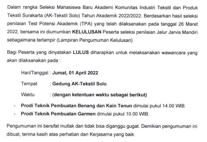 Hasil Seleksi Tes Tulis PMB Jalur Jarvis Mandiri Gelombang I Tahun 2022