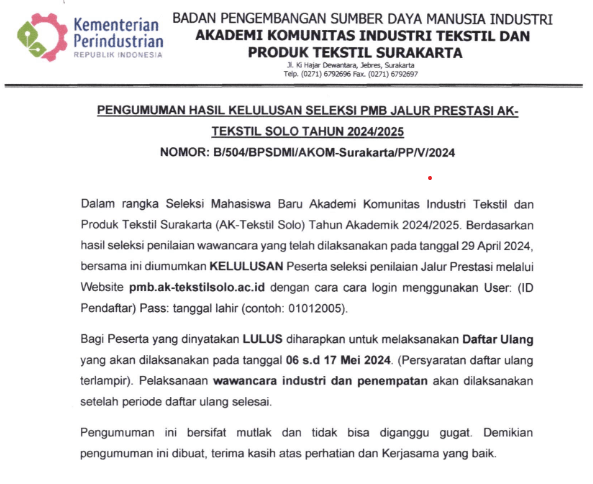 PENGUMUMAN HASIL KELULUSAN SELEKSI PMB JALUR PRESTASI AK-TEKSTIL SOLO TAHUN 2024/2025