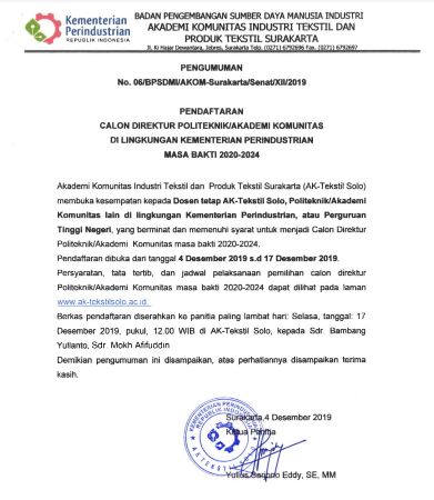 Pendaftaran Calon Direktur Politeknik/Akademi Komunitas di Lingkungan Kemenperin Masa Bakti 2020 - 2024