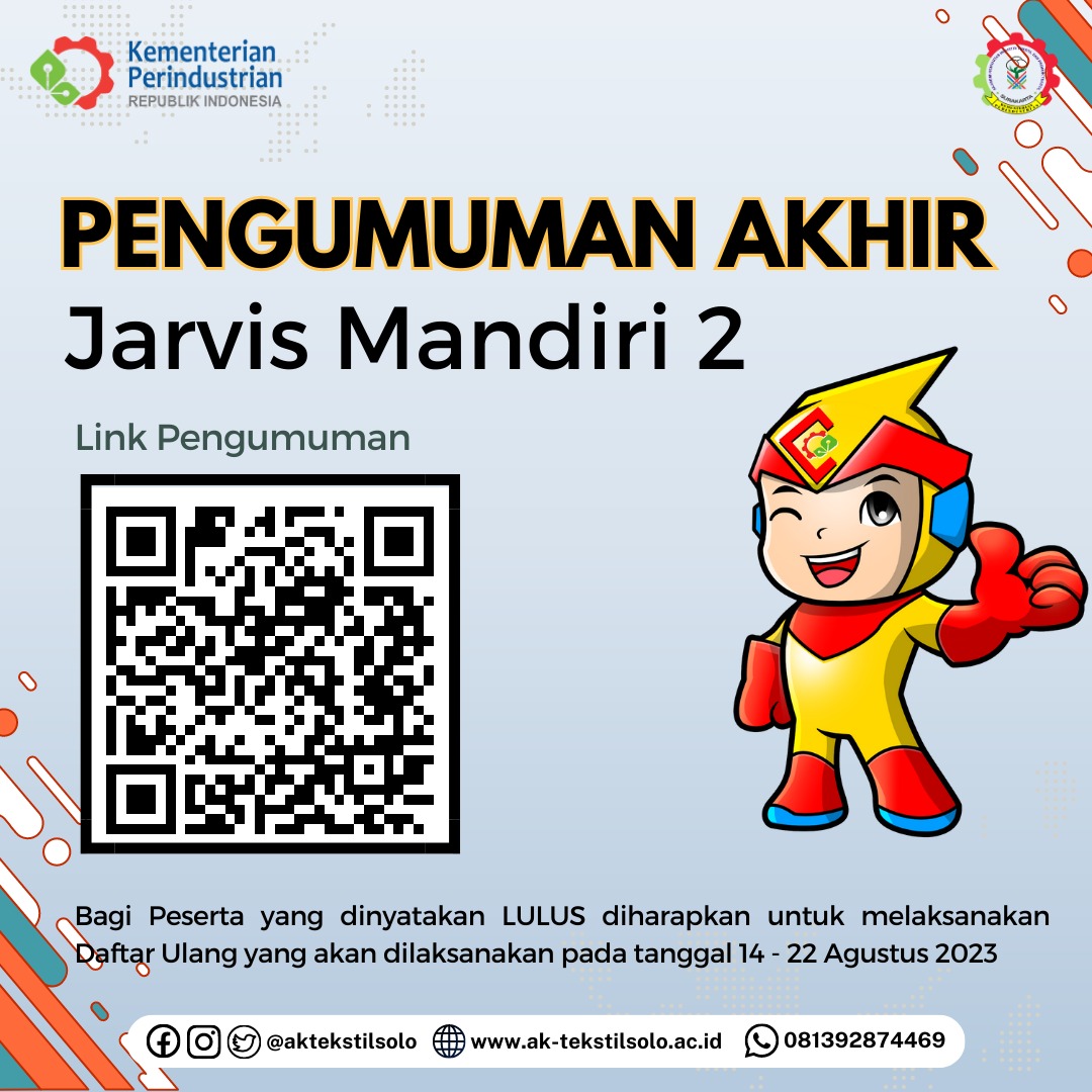 PENGUMUMAN HASIL KELULUSAN SELEKSI PMB JALUR JARVIS MANDIRI II AK-TEKSTIL SOLO TAHUN 2023/2024