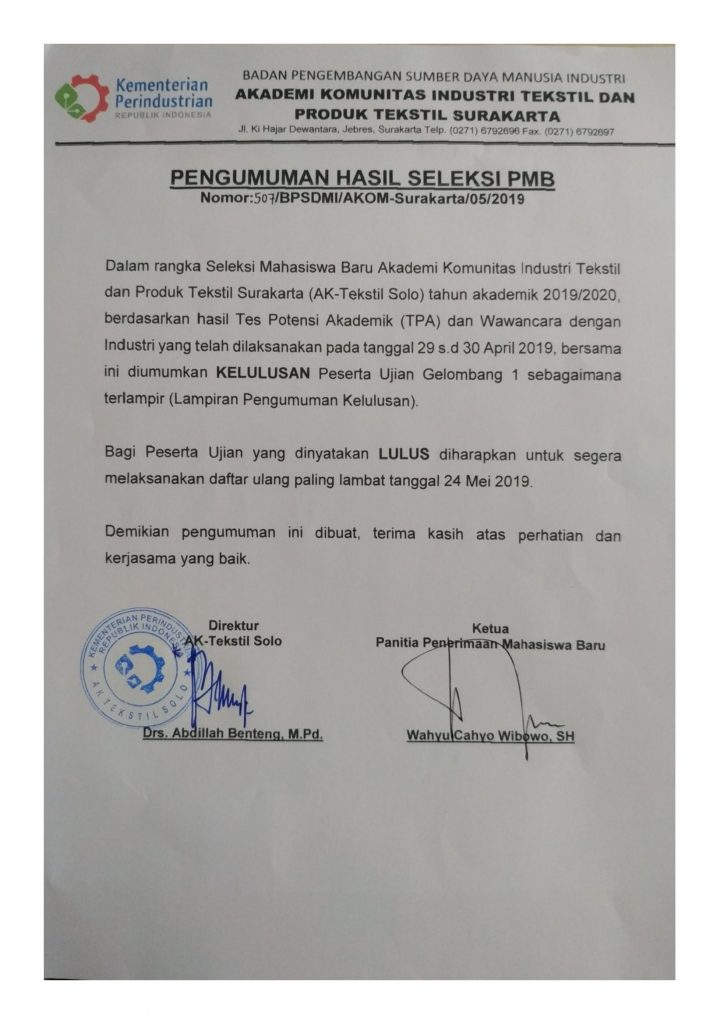 KELULUSAN PMB 2019/2020 GELOMBANG I