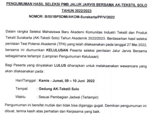 Hasil Seleksi Tes Tulis PMB Jalur Jarvis Bersama Tahun 2022