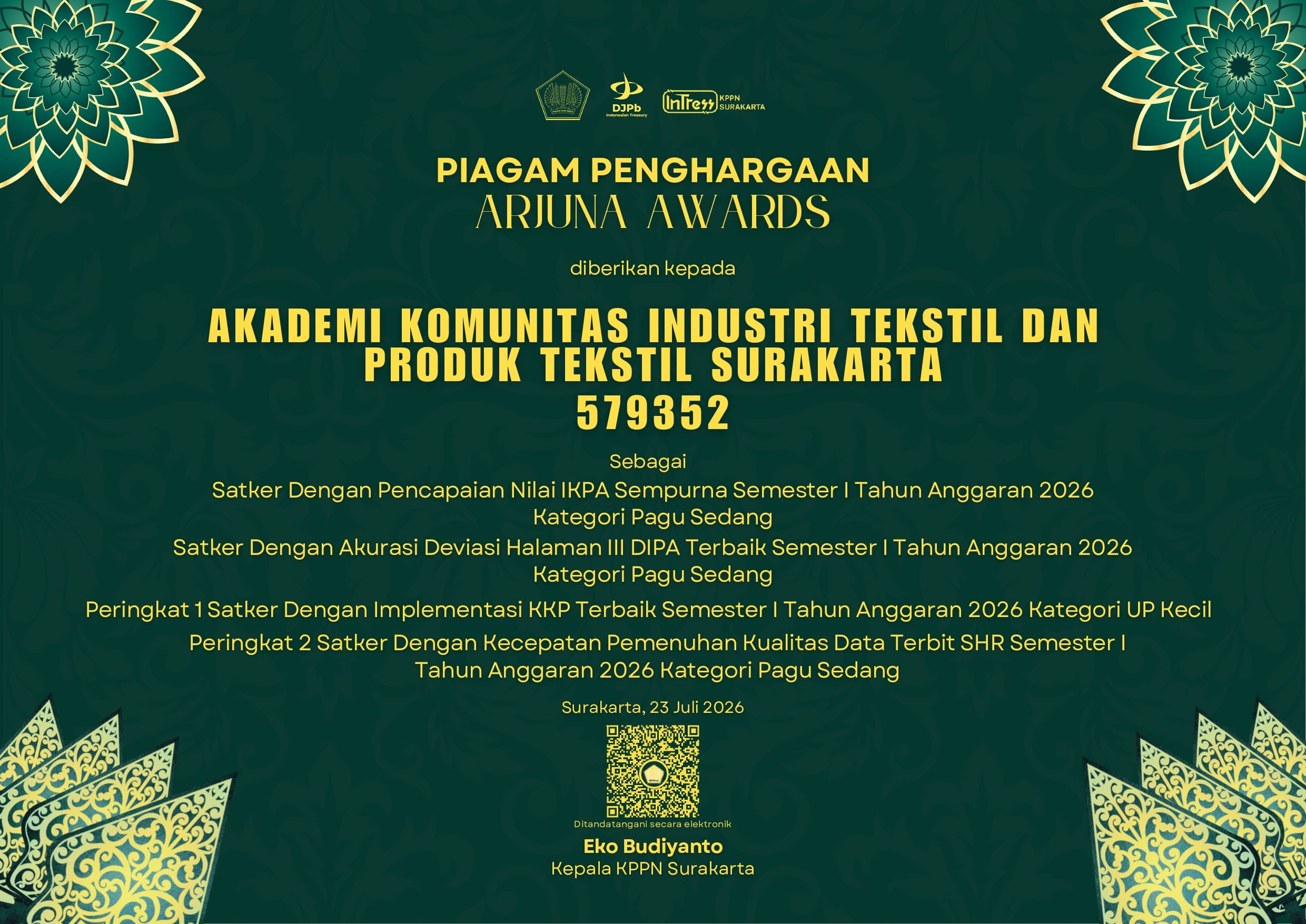 AK Tekstil Solo Raih Tiga Penghargaan Bergengsi ARJUNA AWARDS Semester I TA 2026 dari KPPN Surakarta